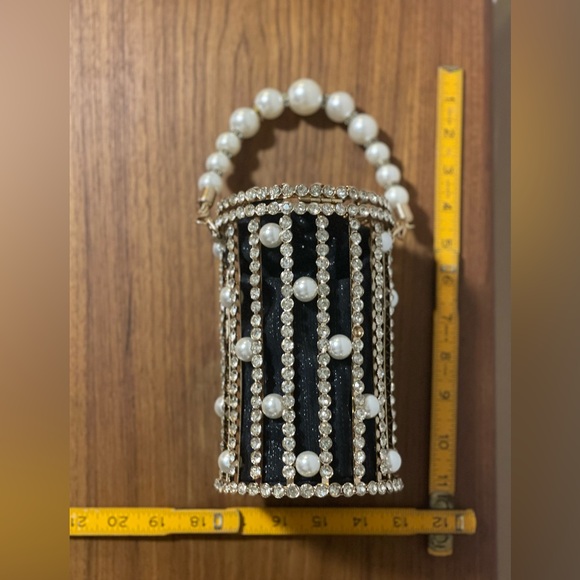 Metallic Cage Evening Bag with Pearls & Rhinestones Bucket Clutch Purse - Picture 7 of 14